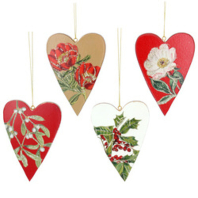 These Botanica wooden hanging hearts come in 4 different designs.  Choose from four beautiful images of either flowers or berries.  These Christmas decorations are perfect for hanging on the Christmas Tree. Made by London based designer Gisela Graham who designs really beautiful and unusual Christmas decorations and gifts for your home.Ê Would suit any Christmas decor and would make a lovely Christmas gift.ÊThese are sold indivually. If you have a preference please state when ordering otherwise we will select a design for you. if you purchase 4 hearts we will send you one of each design.